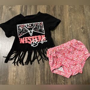 Black Fringe Western Graphic Tee and Pink Floral Set